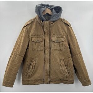Levis Jacket Mens Size XL Brown Canvas Hoodie Hood Chore Work Coat Sherpa Lined